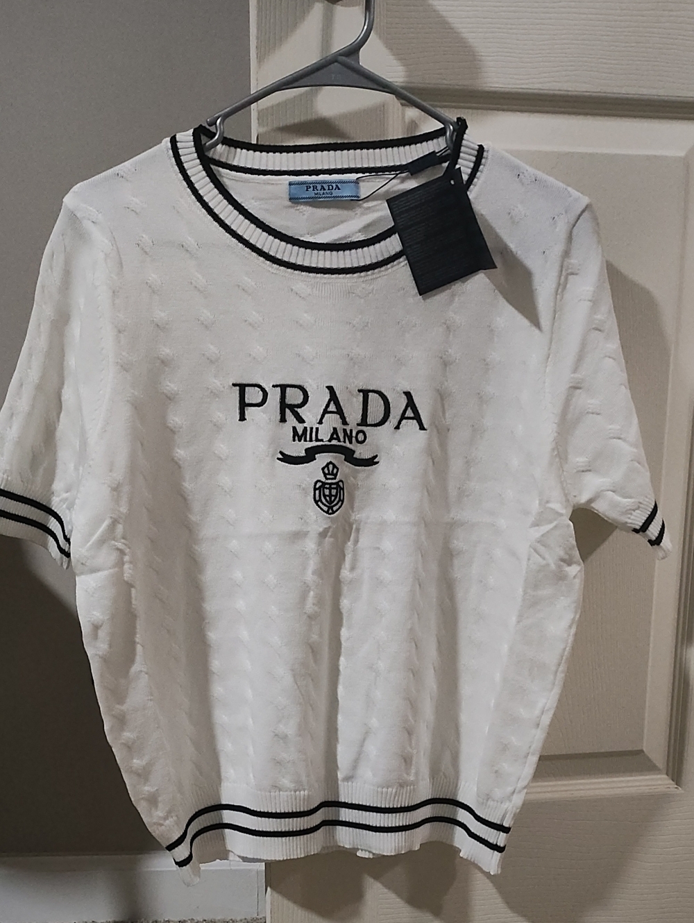 Prada Milano White Short-Sleeve Knit Logo Shirt